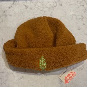 Free People, Brown Fuzzy Beanie with Green Leaf Embroidery